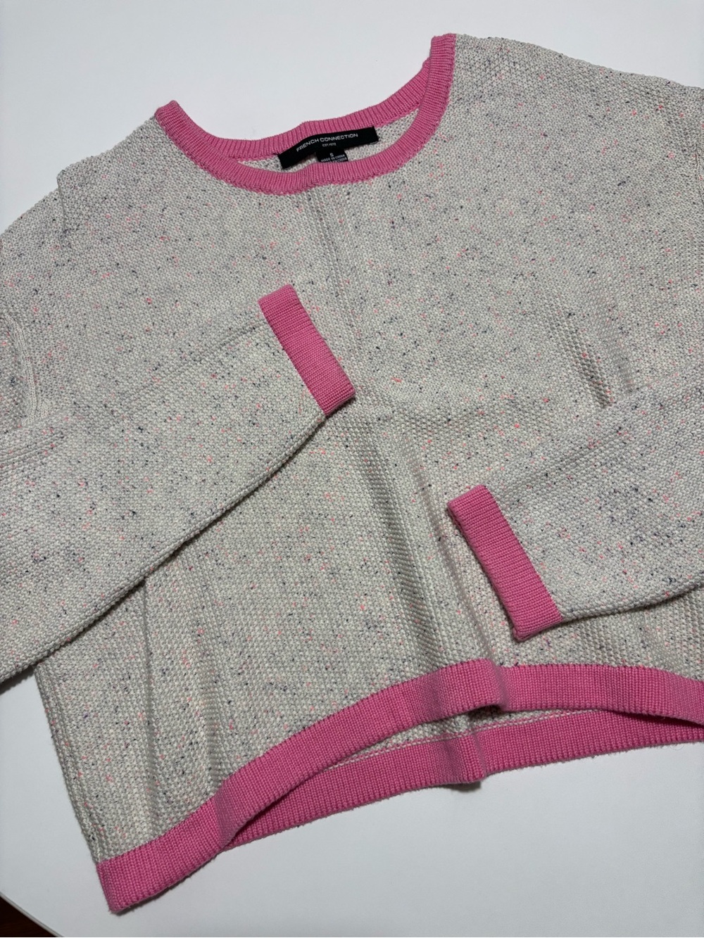 French Connection Pink & White Cotton Cropped Knit Sweater